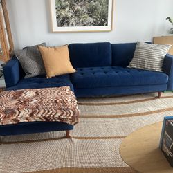 Blue velvet 100.8" wide sofa and chaise