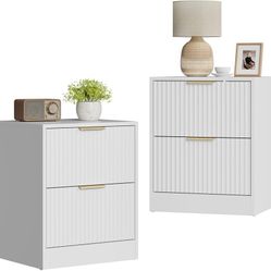 Set of 2 White Nightstand with 2 Storage Drawers, Modern Fluted Night Stand Bedside Table, Bed Side End Table with Golden Handles for Bedr