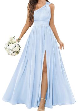 NEW GUKARLEED Women’s Long One Shoulder Bridesmaid Dresses Wrap Ruffles Chiffon A-line Wedding Guest Dress Formal Dress with Slit, Light Blue Size 0