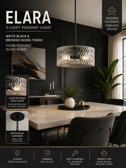 Elara 3-Light Matte Black and Brushed Nickel Pendant Light with Clear Textured Glass Shade