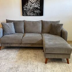 Gray Velvet 3-Seater Reversible Sectional Sofa