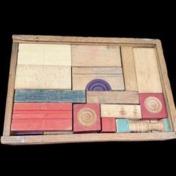 Vintage German Wooden Children's Toy Building Blocks In Box COMPLETE 1930s W/Lid