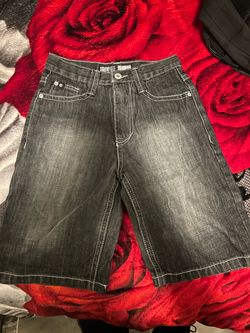 Kids Y2K Southpole Baggy Jorts Black Wash Denim Shorts 2000s Embroidered
