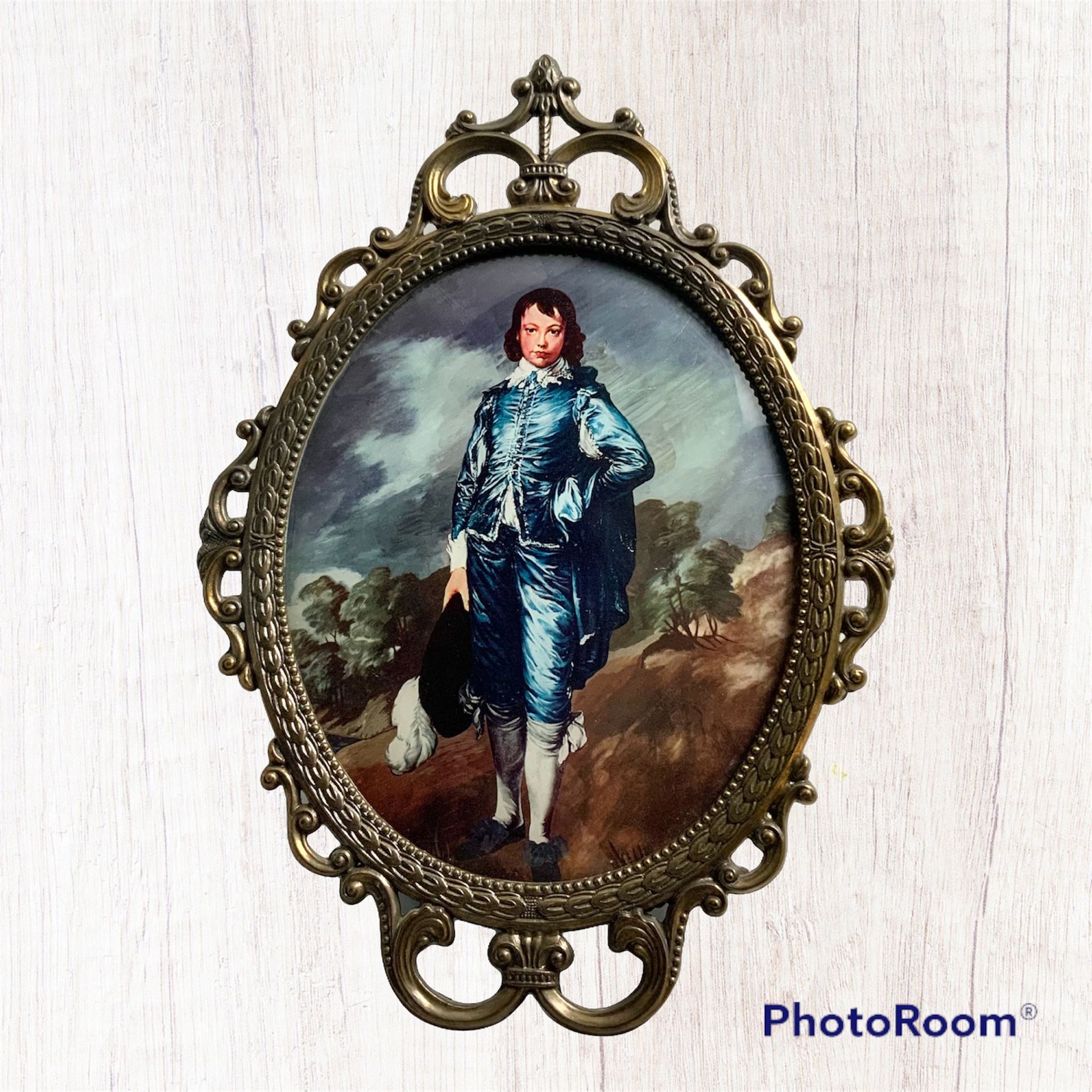 Vintage Blue Boy Victoria Colonial Ornate Bubble Glass Picture