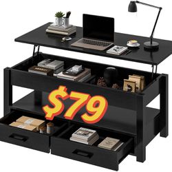 41.7'' Lift Top Coffee Table with 2 Storage Drawer Hidden Compartment Open Storage Shelf for Living Room Folding Wood End Table (Black)