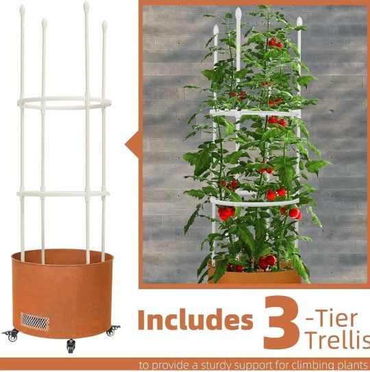 Worth Garden Round Pre-Rusted Metal Planter with Trellis & Casters & Cover - 17" Dia x 12" H (45" Total Height)