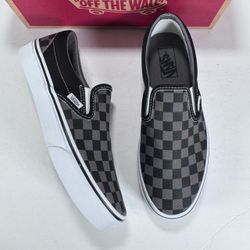 Vans Classic Slip-On Black Pewter Checkerboard Sneakers Women 9 Men 7.5
