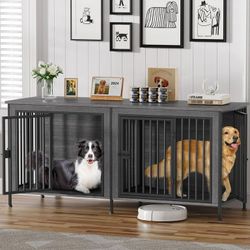 78" Dog Cage Furniture for 2 Dogs, Extra Large Double Dog Crate Furniture Large Breed, XXL Thick Wooden Dog Crate Furniture TV Stand, Sturdy Dog Kenne