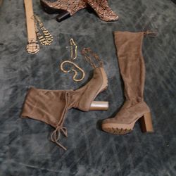 Thigh High Suede Boots Size 9 & Necklaces