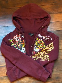 Red/Burgundy/Marooon Vintage Ed Hardy Y2K 2000’s Cropped Tiger Zip-Up  Hoodie Size Small Women’s (Broken Zipper)