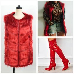 New Red Faux Fur Vest and Red Boots 6.5