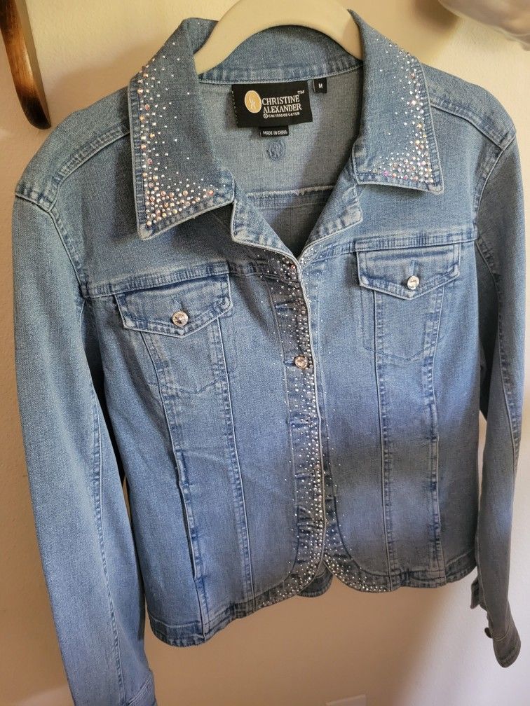 Christine Alexander Swarovski Crystals Blue Denim Jacket Women's Med.
