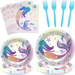 96Pcs Mermaid Themed Party Supplies, Set with Paper Plates, Napkins, Forks, Serves 24 Guests