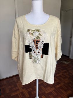 Women’s vintage ivory linen lace detailed short sleeve blouse size L/XL