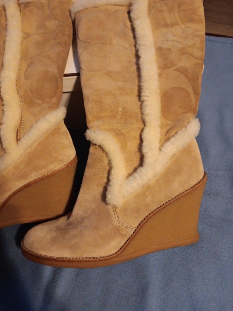 Coach Tan Wedge Boots Size 8.5