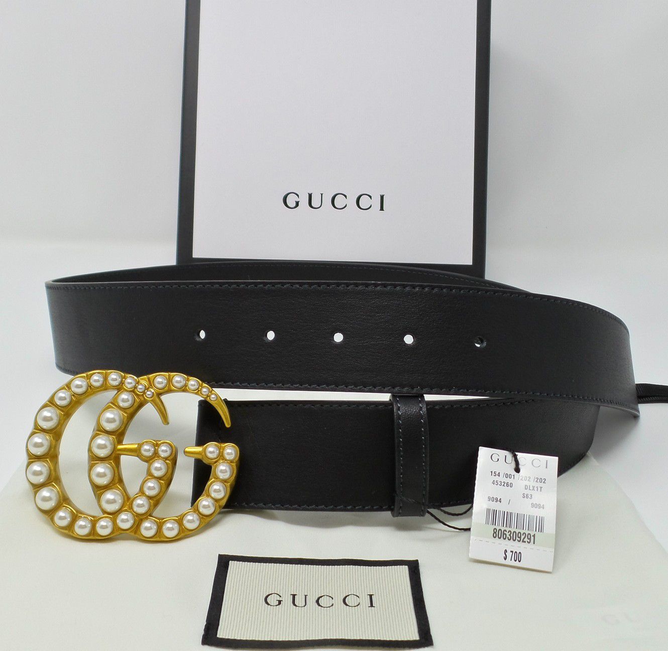 Gucci Black Leather Belt Pearl Brass Gold Womens New tags LV Ferragamo Versace Fendi Burberry wallet new