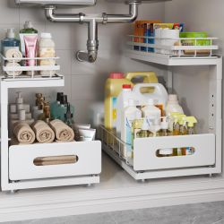 Open-Box New Biboraya 2-Tier Dual Pull Out Adjustable Under Sink Organizer - White Retail $49.99