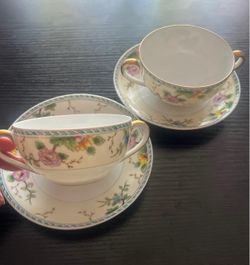 Vintage Noritake Double-Handled Cream Soup Bowls & Saucers (Set of 2)
