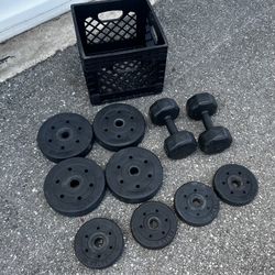Lot of 8 Dumbbell Barbell 1in Weight Plates and Two Hand Weight Dumbbells! 56LBs Total!  (4) 7.5lb plates (4) 2.5lb plates (2) 8lb dumbbells 