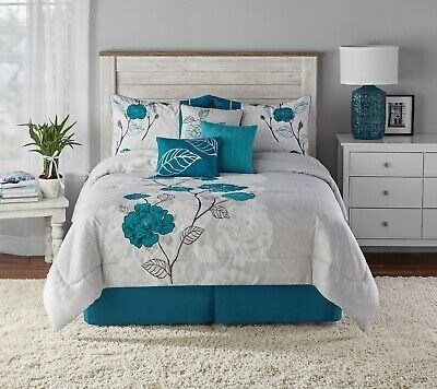 Mainstays 7-Piece Teal Roses Comforter Set, King, With Embroidered Applique Detail t