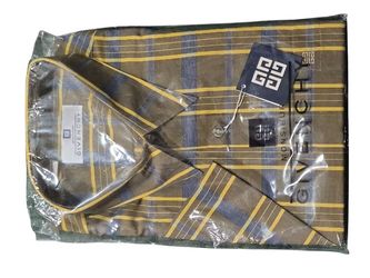NWT Monsieur Givenchy XL Olive Yellow & Blue Windowpane Short-Sleeve Button-Up Shirt