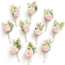 Ling's Moment Boutonniere for Men, 10pcs Groomsmen Guest Boutonniere, Artificial Flowers for Wedding Décor/Prom/Homecoming,etc.Blush Pink