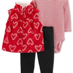Carter's Baby Girls 3-Pc. Candy Cane-Print Vest Striped Bodysuit & Pants Set Red 