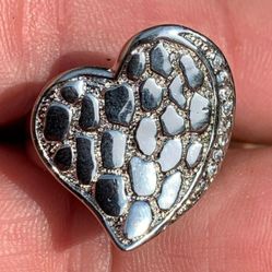 Sterling Silver 925 Heart Ring, Hammered and CZ Accents in Size 6 1/4