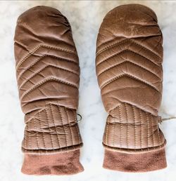 Vintage Womens Brown Leather Mittens Winter Ski Mitts Cuffs Size S