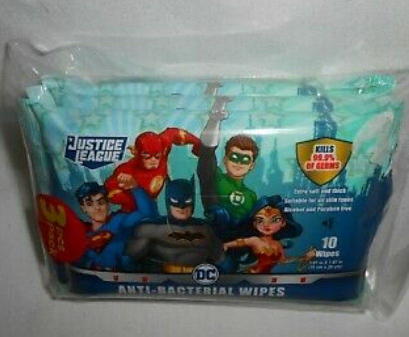(2) Justice League anti bacterial wipes kills 99.9% of germs 10 wipes per package