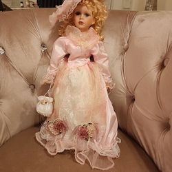 Porcelain Doll With Pink Lace Dress 