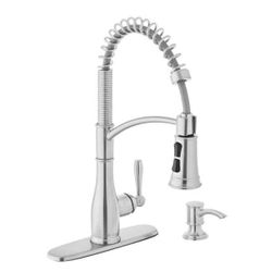 Glacier Bay Mandouri Single Handle Spring Neck Pull-Down Kitchen Faucet with Soap Dispenser in Stainless Steel.