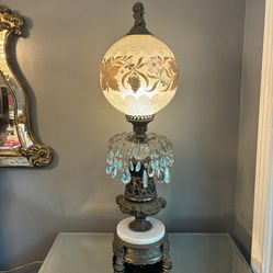 40” VINTAGE UNIQUE BRASS CHERUB & GLASS LAMP