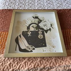 Burlington, Coco Chanel, Purse/Shoes, 14x14 Framed Wall Art, Metallic Gold Finish. New Item, Few Small Scratches On Frame