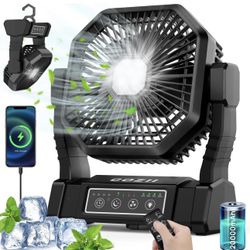 NEW Battery Operated Fan, 20000mAh Rechargeable Camping Fan for Tent with LED Lantern - 3 Colors, 4 Speeds, 4 Timing, Adjustable Head with Hook, Porta