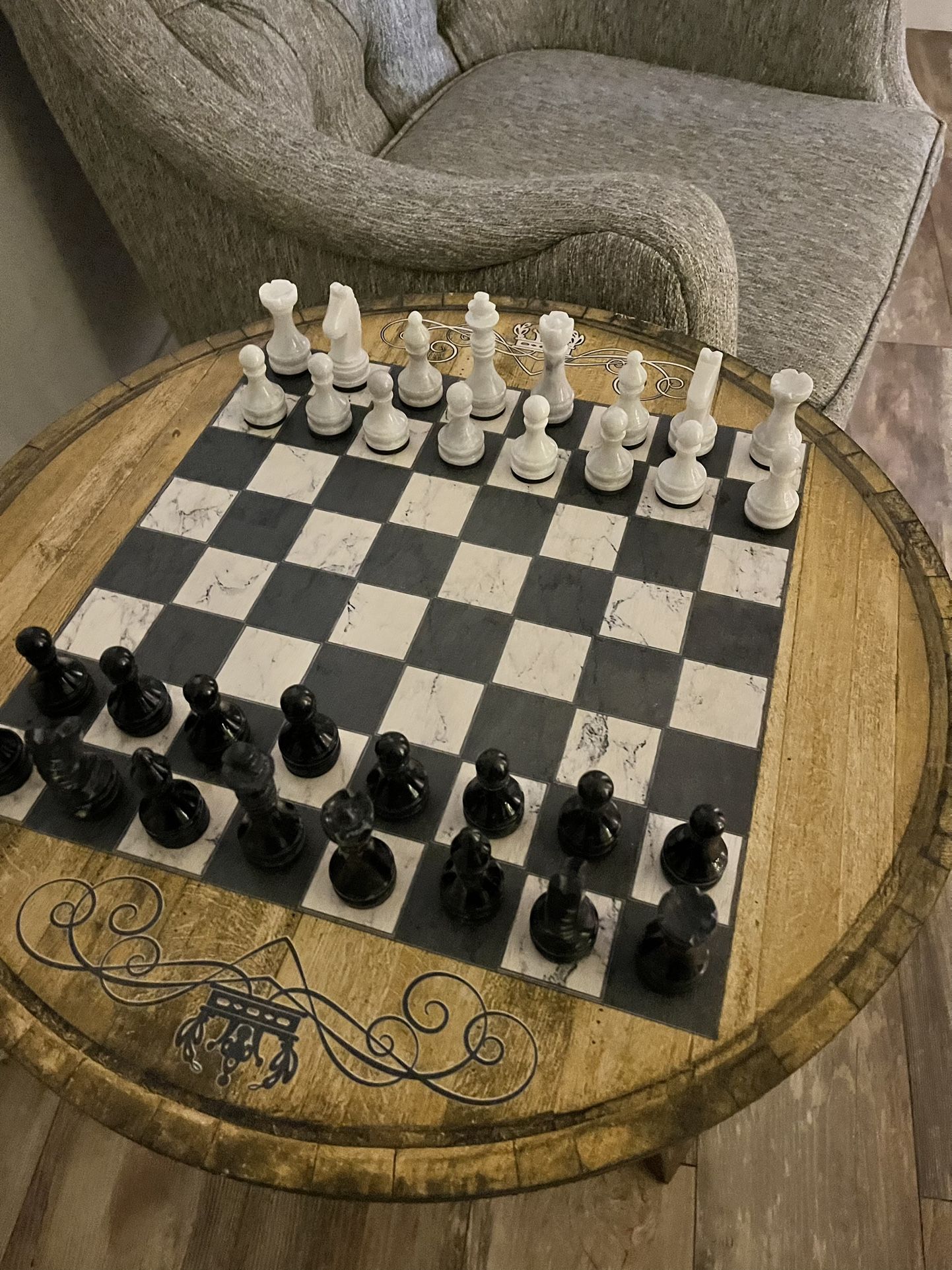 Chess / Checker Board Table With Marble Chess Pieces— $45