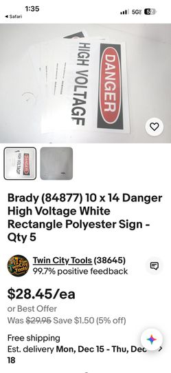 Brady (84877) 10 x 14 Danger High Voltage White Rectangle Polyester Sign - Qty 5