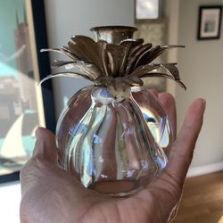 CANDLE HOLDER PINEAPPLE GLASS BALL METAL LEAF 1960s MCM