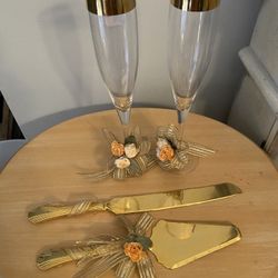 4 Piece Bridal set/ Glasses/ Cake Cutter & Knife Set