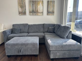 Gray Corduroy Sectional + Ottoman