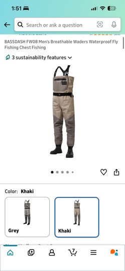 BASSDASH FW08 Men's Breathable Waders Waterproof Fly Fishing Chest Fishing