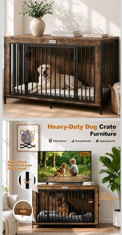 48" XL Dog Crate Furniture for Large/Medium Dogs, Wooden Indoor Dog Kennel with 3 Doors, Added Lock Ring, Dog Crate Cage House for Living Room