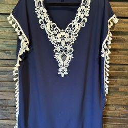 Yincra Yincro Womens Swimsuit Beach Coverup Dress LRG Blue White Tassles Boho