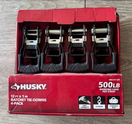 Husky 12 Ft x 1 In Ratchet Tie Down Straps 4-Pack 500 lb Load HF0829 Open Box