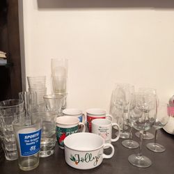 Assorted Glass Cups, Wine Glasses & Ceramic Mugs
