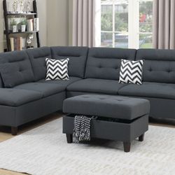 Brand New Charcoal 3pc Sectional Sofa With Storage Ottoman
