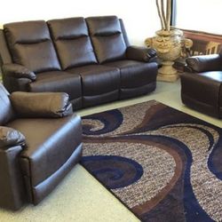 Brand New Brown Leather Reclining Sofa Loveseat & Chair