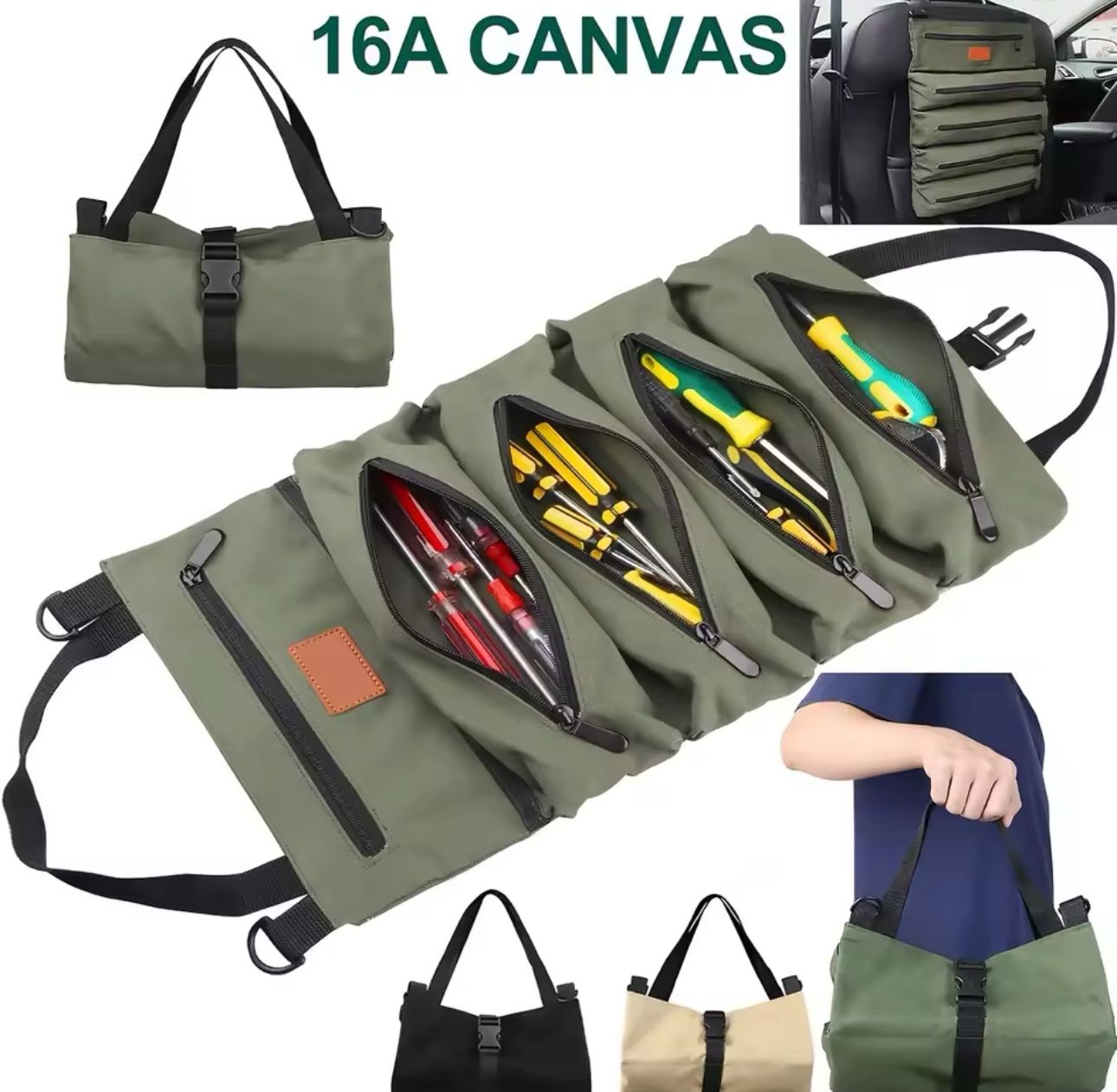 Tool Roll,Multi-Purpose Roll Up Tool Bag,Wrench Roll,Canvas Tool Organizer Bucket,Car First Aid Kit Wrap Roll Storage Case