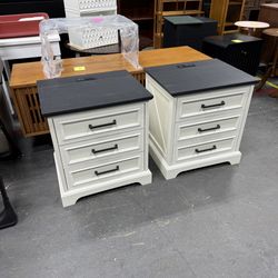 ACCOHOHO Farmhouse Nightstands Set of 2, 22 Inch Wide End Table with Charging Station & 3 Large Drawers, Rustic Wood Small Dresser Chest of Drawers fo