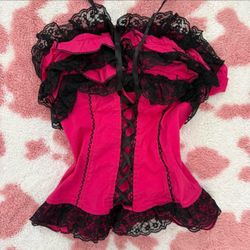 Strapless Hot Pink & Black Lace Ruffled Bustier Top — Padded Wireless Corset Camisole with Front Lace-Up